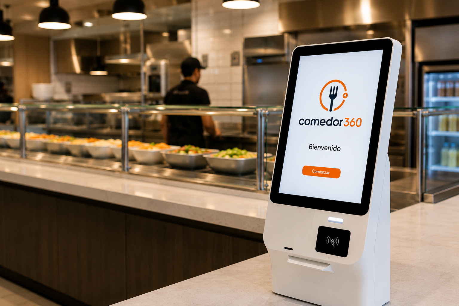 Kiosko de autoservicio comedor360 con la pantalla de bienvenida, instalado en un comedor